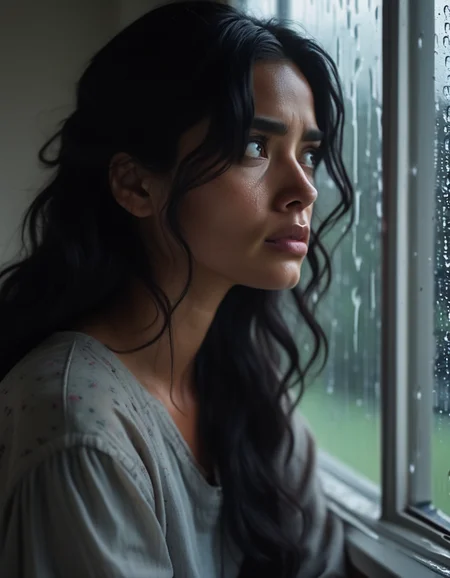 A portrait of a woman with thick, wavy black hair, her dark brown eyes reflecting a deep sadness. Sheâs sitting by a window, the rain outside creating a soft, melancholic atmosphere, her thoughts seemingly miles away. <lora:usual-portrait-v2:1>