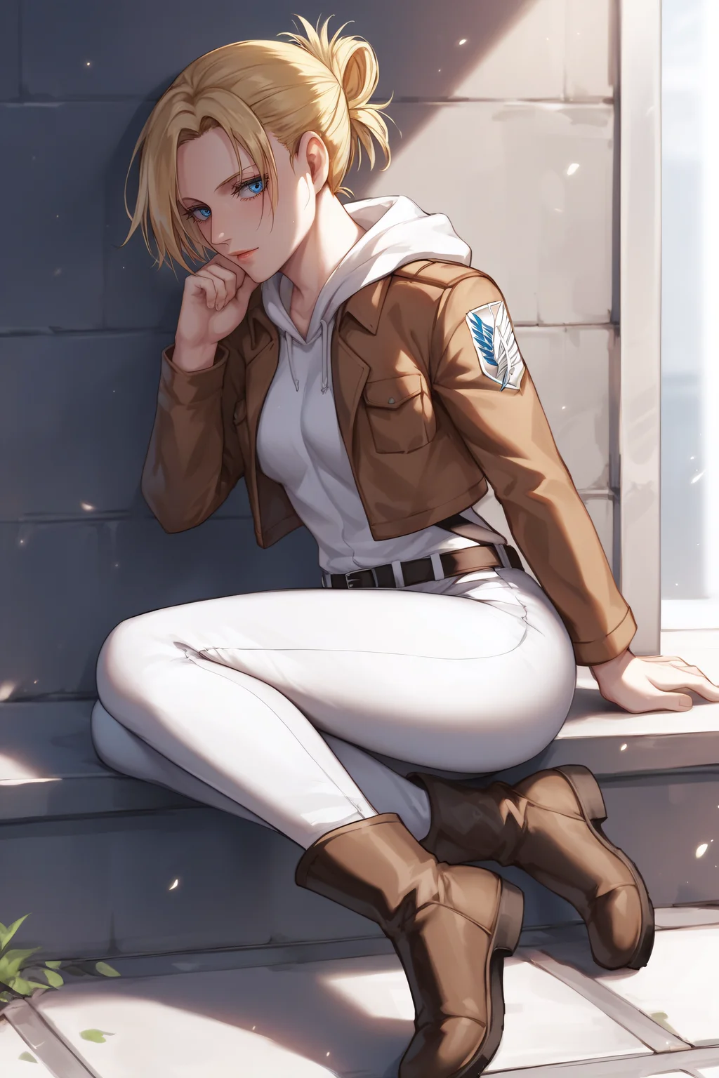 score_9, score_8_up, score_7_up, BREAK source_anime, <lora:annie leonhardt-PonyXL-lora-Faxtron:0.8> annie leonhardt, single hair bun, white hoodie, open cropped brown jacket, white pants, survey corps \(emblem\), boots,