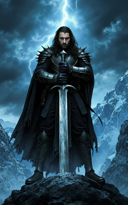 A legendary swordsman stands tall on a high mountain peak,his sword plunged into the rocky ground in front of him. Both hands rest firmly on the hilt,with his fingers gripping it as he leans slightly forward,the blade deeply embedded in the earth. His gaze is intense and focused,directed straight at the viewer. The stormy sky swirls behind him,with lightning cracking through the dark clouds,illuminating his battle-worn armor. His cloak flutters in the violent wind,adding a sense of movement to the otherwise still scene. The composition captures a front-facing view in a highly detailed,<lora:klordoftherings-01:0.8>,klordoftherings,fantasy illustration style,evoking the epic mood of classic fantasy art,with vibrant yet ominous tones.,