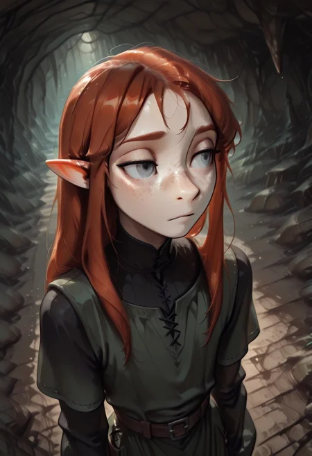 1person, solo, Lapanya, Malgha, freckles, pointy ears, Long-sleeve black shirt, green tunic,
looking to the side, looking away from viewer, high angle, coy expression,
Underground, organic cavern,
Masterpiece, high quality, highly detailed, perfect eyes, detailed freckles,
