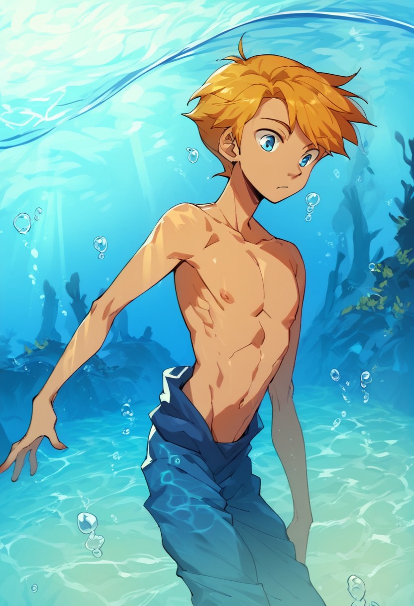 score_9, score_8_up, score_7_up, score_6_up, score_5_up, score_4_up, 
 1boy, male focus, solo, topless male, blue eyes, blonde hair, short hair, Underwater, submerged, ocean, bubbles, sunlight, god rays, legs,