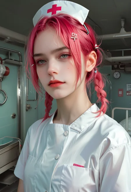 score_9,score_8,score_7,beautician 、Nurse uniform、Please redeem、masterpiece、One Girl、White skin、Expressionless,Pink Hair。Twin tails、Hair Clip、Cute Hair Clips、Grey Eyes、Small red cheeks and nose、Flat Chest、Small breasts、Dead Eyes、beautician 、(((Hospital room))), portrait, upper body, dynamic angle 
<lora:add-detail-xl:1>