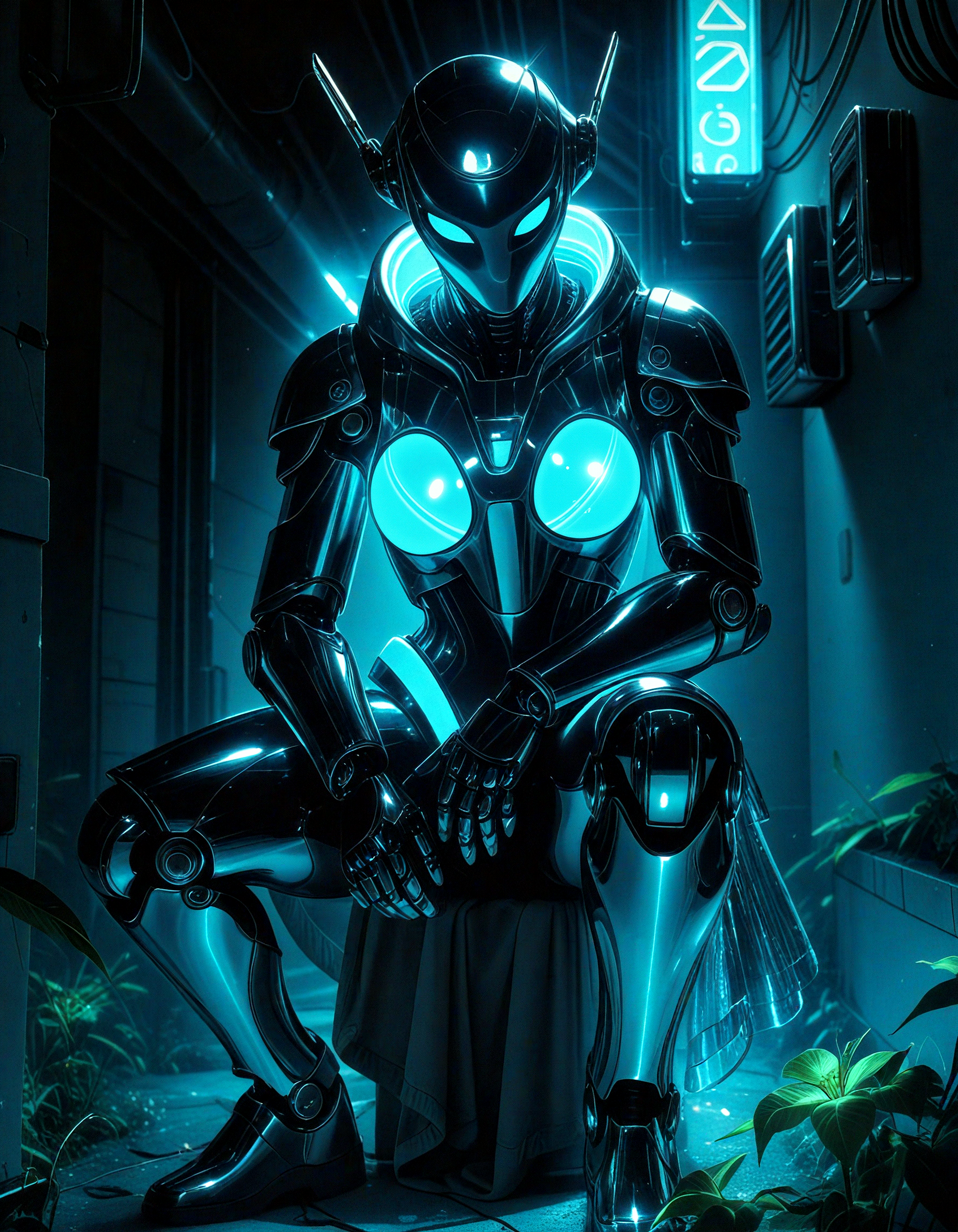 masterpiece, best quality, amazing quality, very aesthetic, absurdres, volumetric lighting,, Photograph of a futuristic, black, humanoid robot with a sleek, metallic body and glowing blue eyes. The robot is sitting on a rocky floor in a dimly lit, industrial setting, with a concrete wall on the right and some plants on the left. The lighting is soft and diffused, casting shadows on the robot's armor. The background is slightly blurred, emphasizing the robot and the environment. The image has a high-quality, realistic style with a focus on detail and texture.