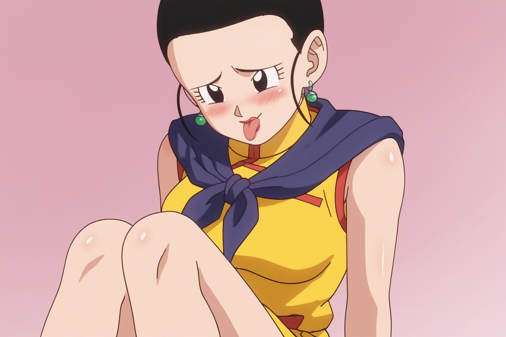 source_anime, score_9, score_8_up, score_7_up, anime screencap, absurdres, official style,
chi-chi black, 
hair pulled back, super outfit, bare arms, bare legs, official style, 1girl, solo, blush, black hair, knees up, sitting, earrings, day, tongue, tongue out, (yellow dress), sleeveless, looking at another, purple neckerchief, red trim, eyelashes, lipstick
<lora:chichiDBS_pony_v1:0.8>