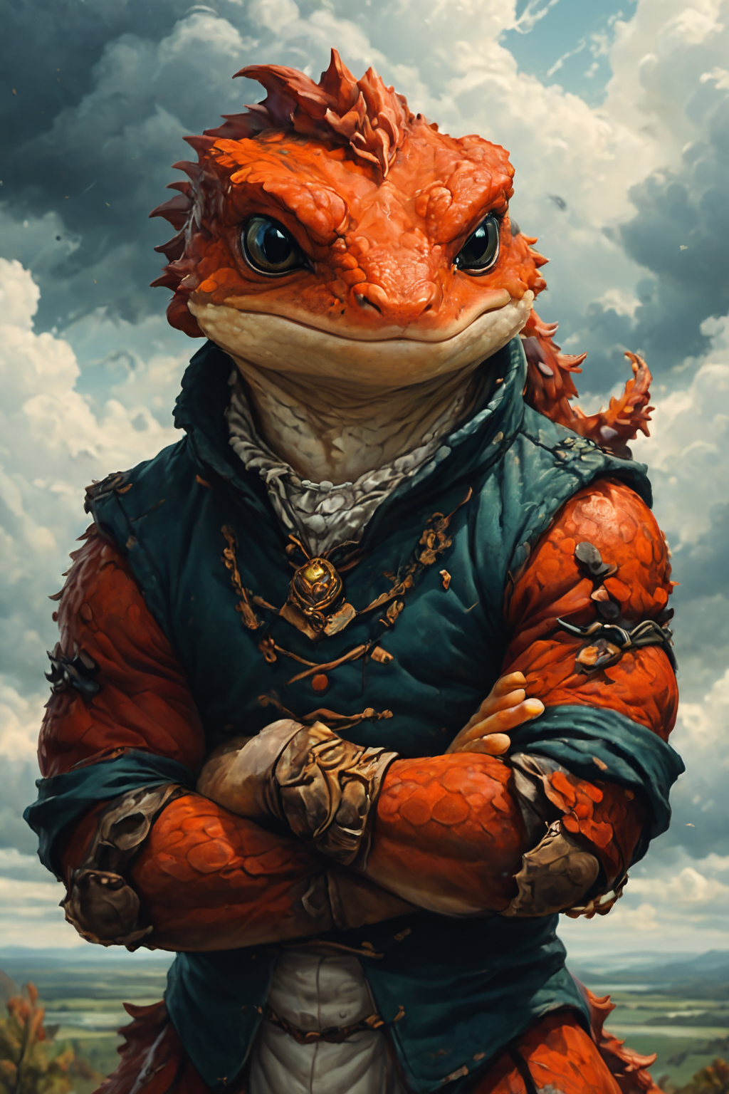 Detailed digital portrait of an anthro Salamander (Crossed arms, serious expression) at a Sentient clouds shaping shifting landscapes, <lora:xl_more_art-full_v1:0.5>,  <lora:The_Crazy_Style:0.7> <lora:anthro_muscular:0.7>