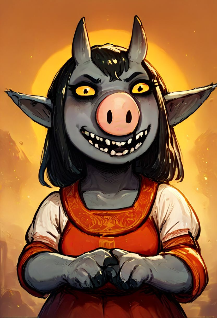 score_9, score_8_up, score_7_up, 1girl, horns, pointy ears, black hair, grey furr, colored skin, colored sclera, fangs, pig nose, lozhkin, big smile, open mouth, teeth,
