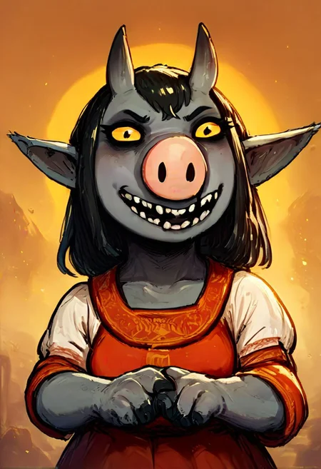 score_9, score_8_up, score_7_up, 1girl, horns, pointy ears, black hair, grey furr, colored skin, colored sclera, fangs, pig nose, lozhkin, big smile, open mouth, teeth,