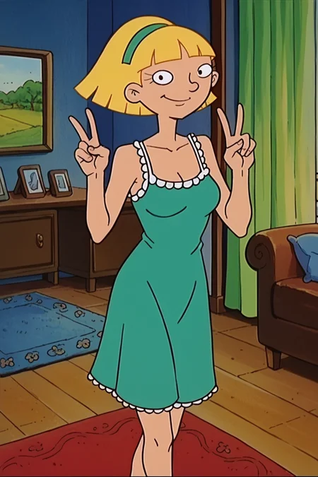 score_9_up,score_8_up,score_7_up,score_6_up,score_5_up,score_4_up BREAK olga pataki,1girl,solo,retro artstyle,blonde hair,black eyes,short hair,blunt bangs,aqua nightgown, frills, green hairband, sleeveless,indoors, carpet, curtains,smile,cowboy shot,looking at viewer, long dress,peace sign <lora:OlgaPony:1>