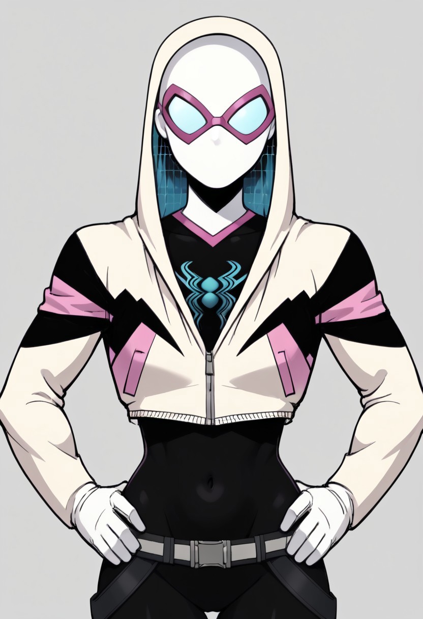 white background, 2d, 1girl, solo, masterpiece, best quality, extreme detail, hourglass figure, wide hips, round boobs, medium breasts, narrow waist, mature female, 1girl, solo, Marvel, Spider-Gwen, white hoodie, cropped hoodie, mask, white mask, black bodysuit, bodysuit, white gloves, utility belt, web print, pink trim, blue accents, covered face, no pupils, hood up, no mouth, covered navel,
upper body, close up, hands on hips, front view, looking at viewer,