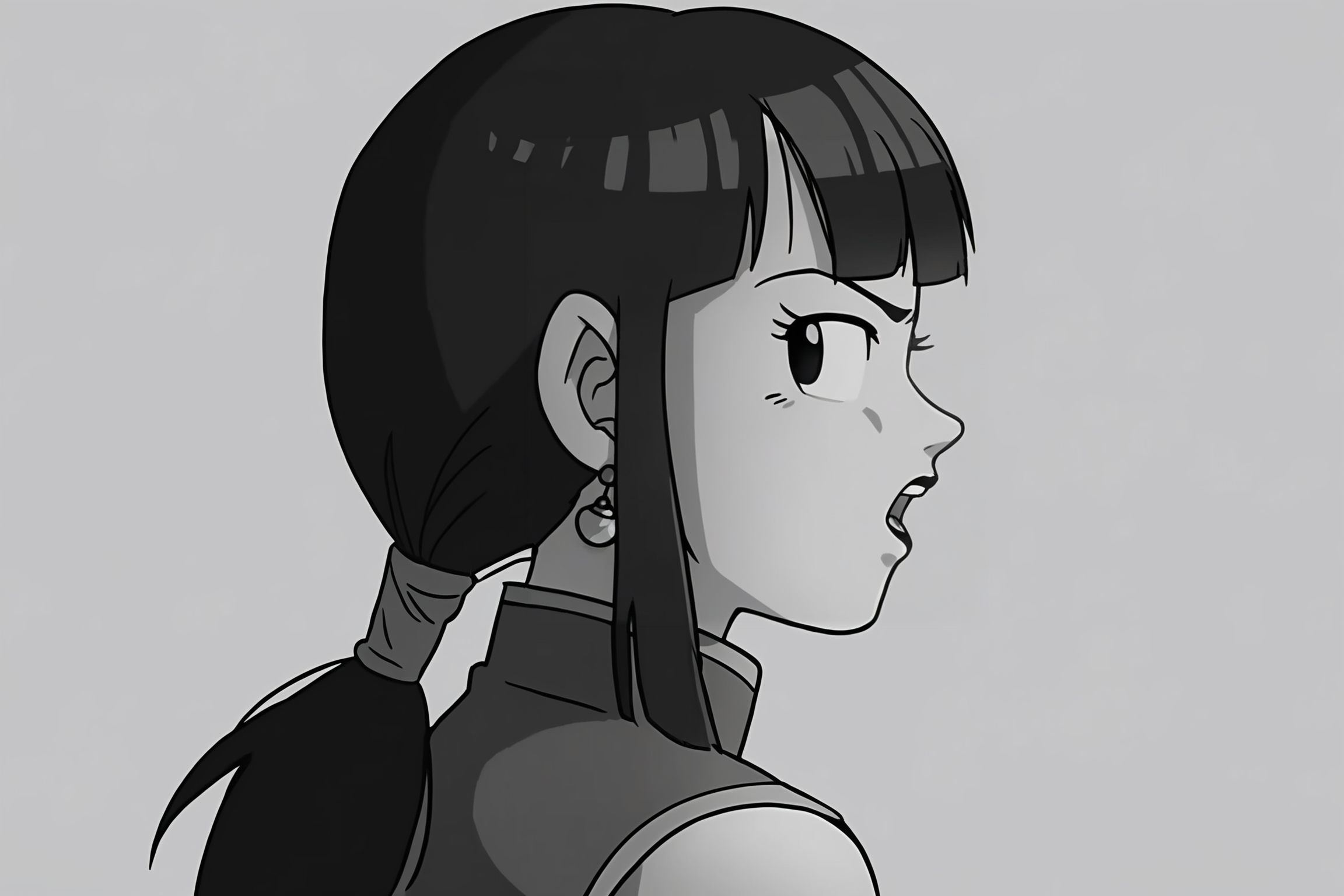 source_anime, score_9, score_8_up, score_7_up, anime screencap, absurdres,
chi-chi black, official style, 1girl, solo, long hair, black hair, sidelocks, blunt bangs, ponytail, black eyes, eyelashes, sleeveless dress, potara earrings, black dress, from side, chinese clothes, china dress, greyscale, monochrome, looking back at viewer, open mouth, teeth, v-shaped eyebrows, simple background, white background, breasts, annoyed, hand in own hair, portrait, close-up, black lips
 <lora:chichi_v1:0.8>