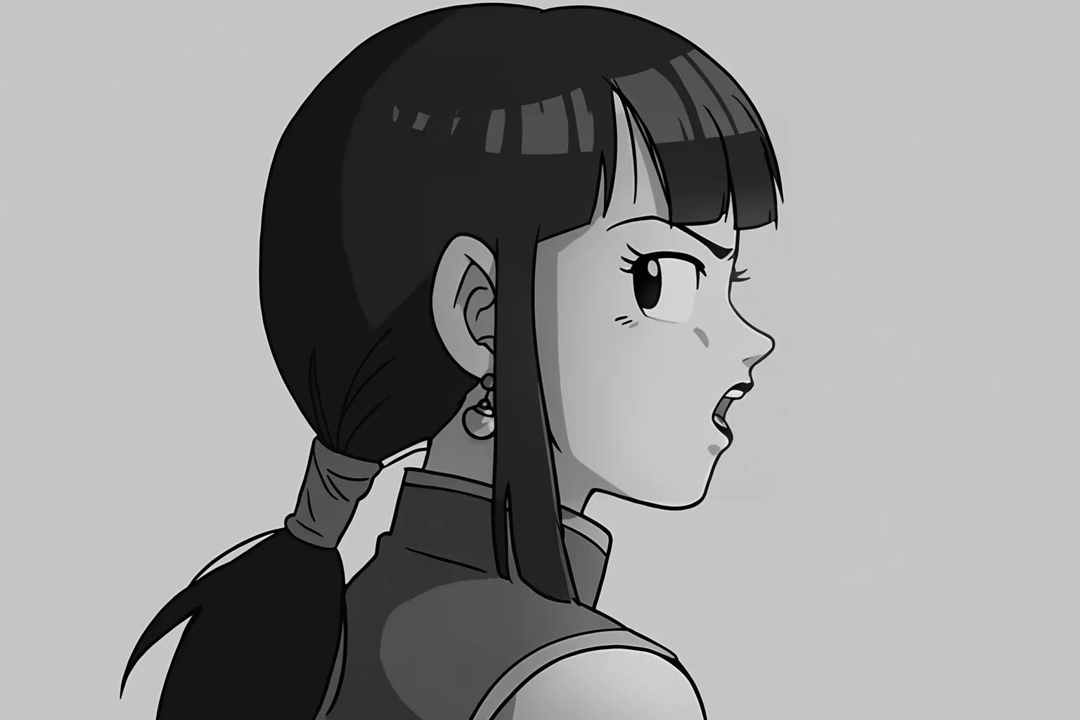 source_anime, score_9, score_8_up, score_7_up, anime screencap, absurdres,
chi-chi black, official style, 1girl, solo, long hair, black hair, sidelocks, blunt bangs, ponytail, black eyes, eyelashes, sleeveless dress, potara earrings, black dress, from side, chinese clothes, china dress, greyscale, monochrome, looking back at viewer, open mouth, teeth, v-shaped eyebrows, simple background, white background, breasts, annoyed, hand in own hair, portrait, close-up, black lips
<lora:chichi_v1:0.8>