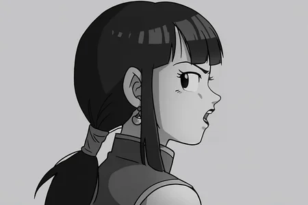 source_anime, score_9, score_8_up, score_7_up, anime screencap, absurdres,
chi-chi black, official style, 1girl, solo, long hair, black hair, sidelocks, blunt bangs, ponytail, black eyes, eyelashes, sleeveless dress, potara earrings, black dress, from side, chinese clothes, china dress, greyscale, monochrome, looking back at viewer, open mouth, teeth, v-shaped eyebrows, simple background, white background, breasts, annoyed, hand in own hair, portrait, close-up, black lips
 <lora:chichi_v1:0.8>