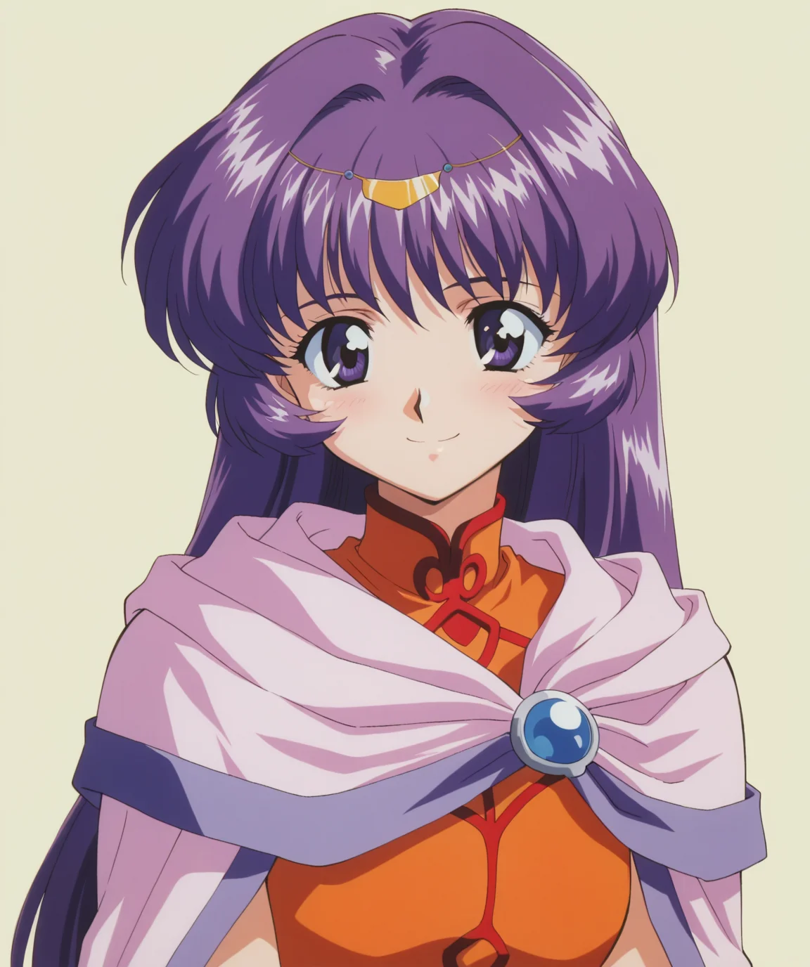 masterpiece, best quality, amazing quality, very aesthetic, ultra detail, clear line, solo, <lora:little_niece_v01:0.8>, little niece, purple eyes, long hair, dark purple hair, hair ornament, orange dress, sleeveless dress, cloak, smile, upper body, simple background, <lora:LECO_BadHands:1.2>, <lora:LECO_GoodHands:-1.2>