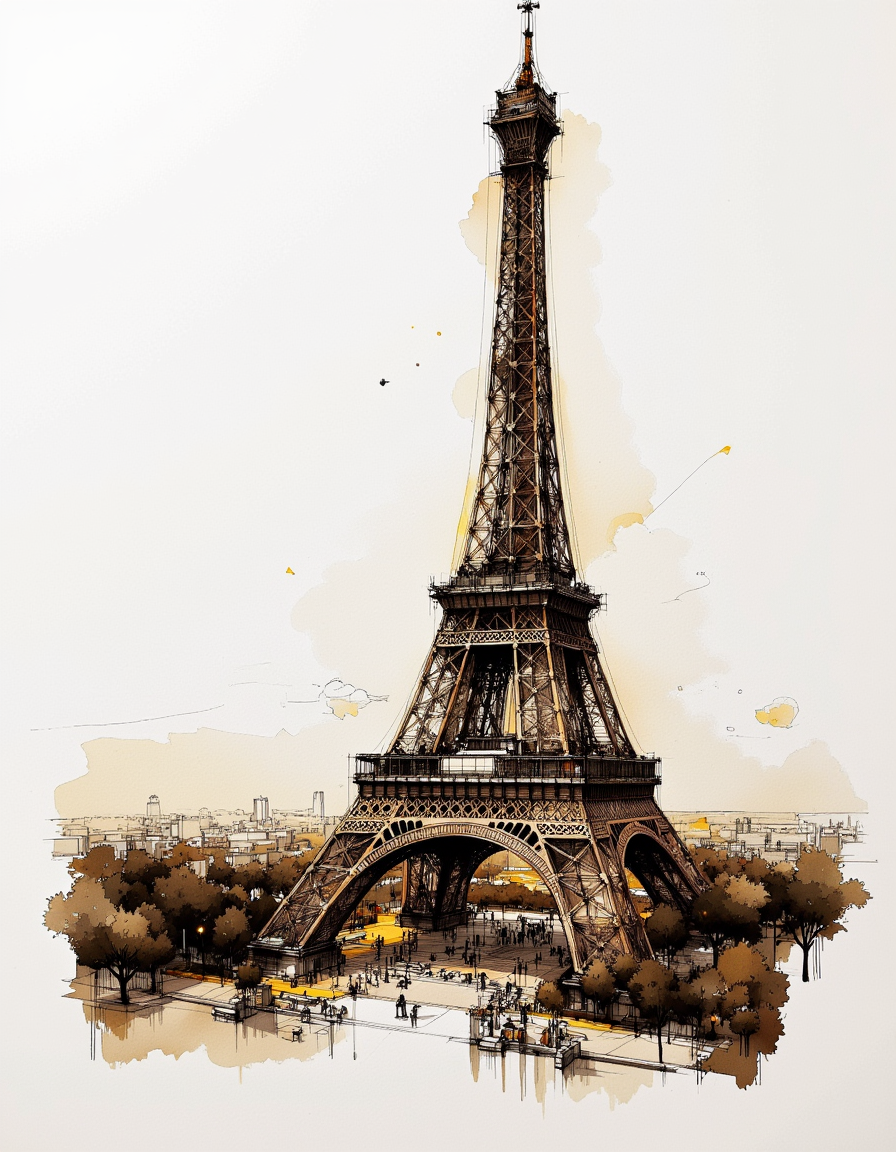 sketching of an Eiffel architecture, masterpiece, best quality.
The site is lit by lighting professionals, creating a subtle illumination effect. 
Ink on paper with very fine touches with colored markers, (shadings:1.1), loose lines, Schematic, Conceptual, Abstract, Gestural. Quick sketches to explore ideas and concepts.