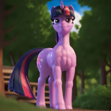 score_9, score_8_up, score_7_up, source pony, c1op1c1an, feral pony, twilight sparkle, standing, forest, house, day, sun, looking at you, unicorn, smirk, big butt