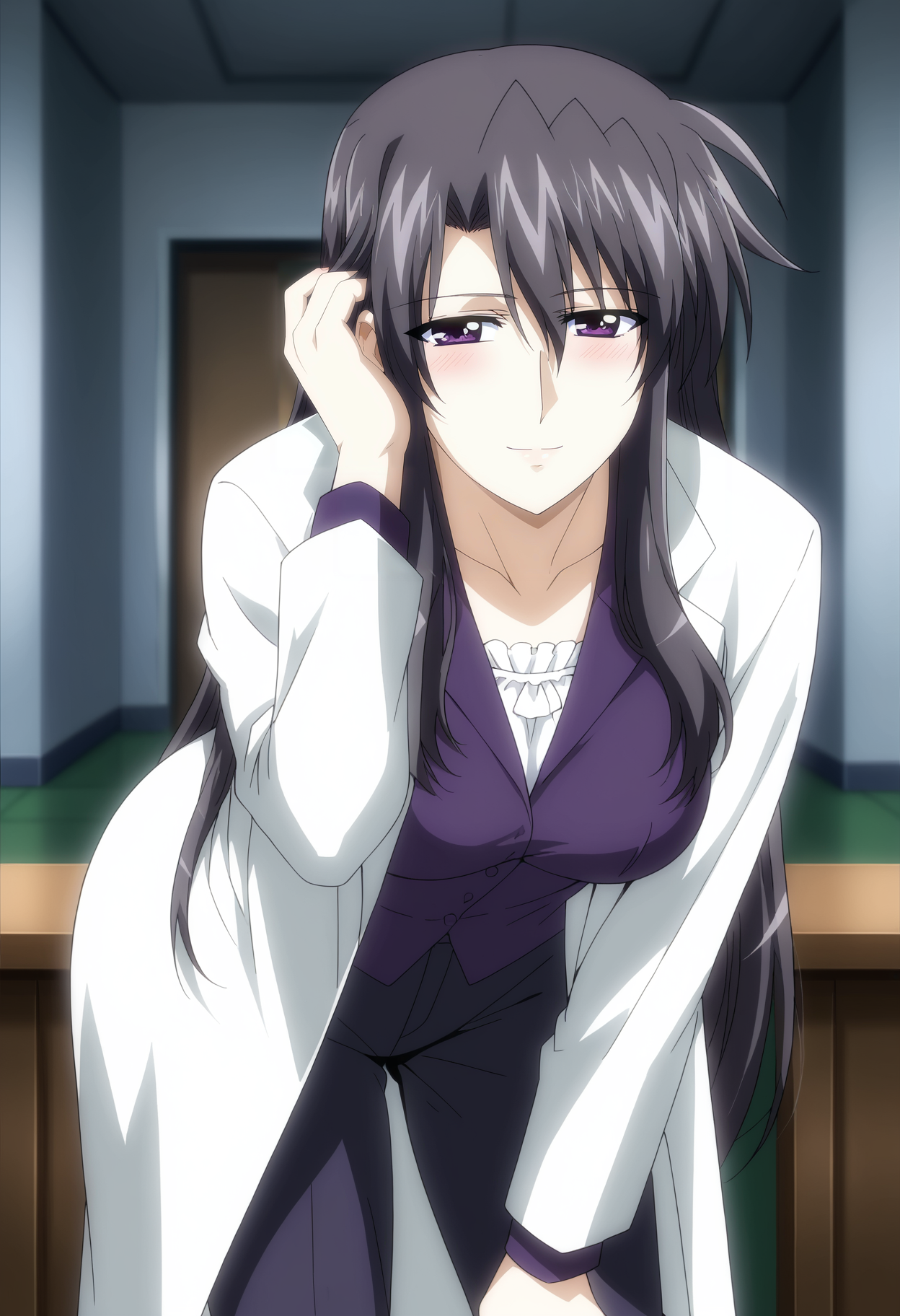 <lora:Precia_Testarossa-Mahou_Shoujo_Lyrical_Nanoha:0.9>,Precia Testarossa,mature female,1girl,solo,long hair,black hair,purple eyes,large breasts,shirt,pants,lab coat, looking at viewer, bent over, adjusting hair, hand on own knee,blush,smile,indoors