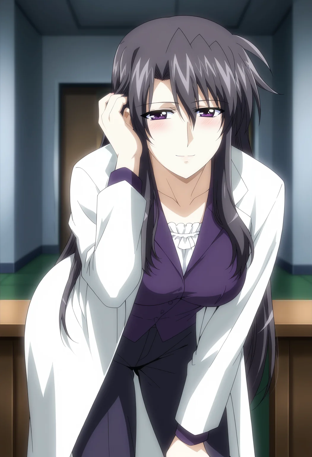 <lora:Precia_Testarossa-Mahou_Shoujo_Lyrical_Nanoha:0.9>,Precia Testarossa,mature female,1girl,solo,long hair,black hair,purple eyes,large breasts,shirt,pants,lab coat, looking at viewer, bent over, adjusting hair, hand on own knee,blush,smile,indoors