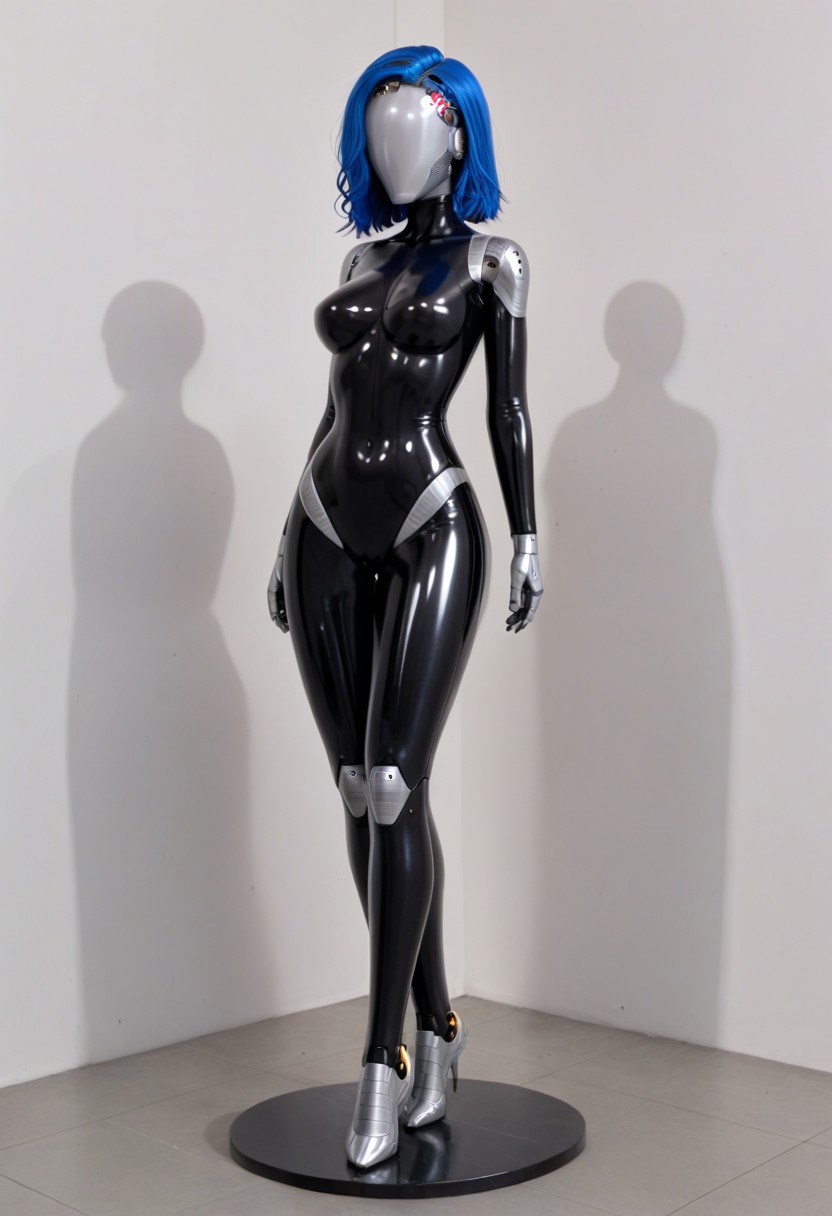 solo, A 35mm full length photo of  a beautiful 20 year old woman, she is a humanoid robot , robotic body, freckles, smooth featureless silver grey robotic skin, robotic aerials, metallic dark blue hair, elegant black latex bodysuit with white trim
TheFaceLess, mannequin, faceless, egghead