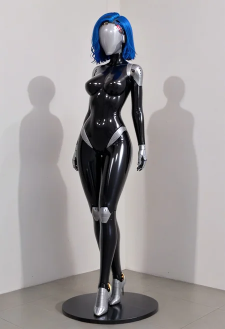 solo, A 35mm full length photo of  a beautiful 20 year old woman, she is a humanoid robot , robotic body, freckles, smooth featureless silver grey robotic skin, robotic aerials, metallic dark blue hair, elegant black latex bodysuit with white trim
TheFaceLess, mannequin, faceless, egghead