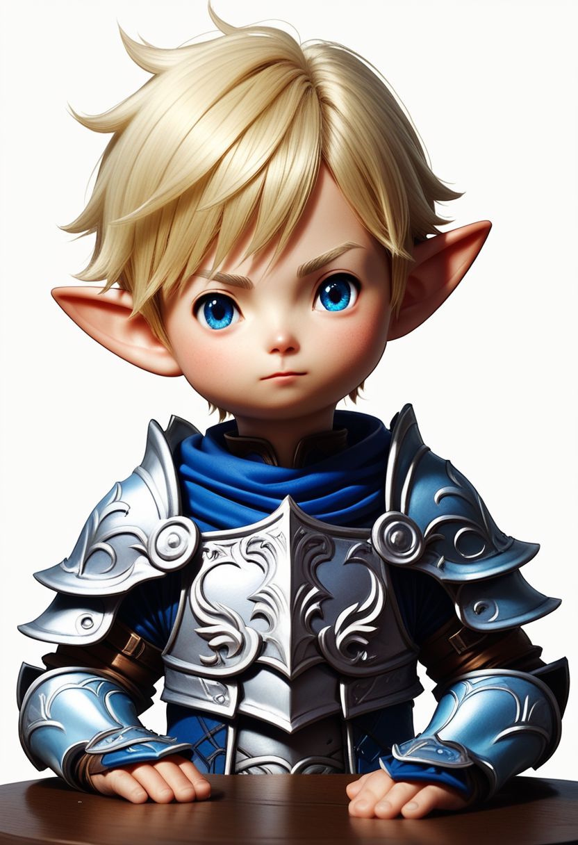 lalatater, solo, pointy ears, blonde hair, white background, simple background, lalafell, upper body, blue eyes, short hair, looking at viewer, 1boy, male focus, armor, chibi, puntable BREAK PonyXLV6_Scores