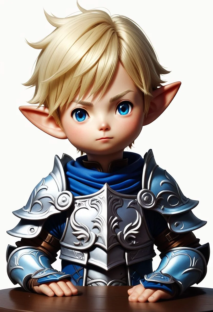 lalatater, solo, pointy ears, blonde hair, white background, simple background, lalafell, upper body, blue eyes, short hair, looking at viewer, 1boy, male focus, armor, chibi, puntable BREAK PonyXLV6_Scores