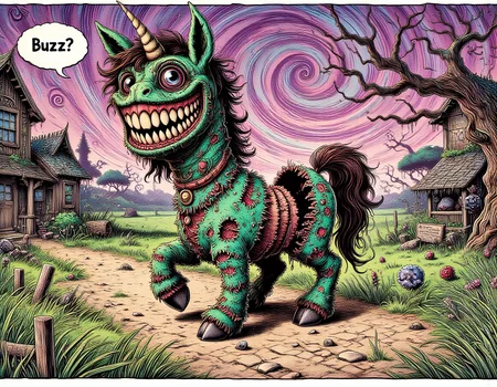 Cute furry feral pony in a rural peaceful hippy town walking down a cobblestone road. Fluffy. Text balloon that says "Buzz?". Detailed anime movie style, crosshatching. Unreal 60's psychedelic style.Ugly Cute,, Creature, Monster, digital illustration