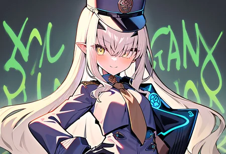 1girl, Melusine \(fate grand order\), fate grand order, solo, long hair, hat, white hair, pointy ears, yellow eyes, peaked cap, jacket, black gloves, hand on own hip, closed mouth, hair over one eye, looking at viewer, brown necktie, large breasts, eyes visible through hair, smile, long sleeves, gloves, upper body, light green hair, character name, necktie, breasts, english text, blush, black headwear, white jacket, 
masterpiece,best quality,  newest, absurdres, safe <lora:ag31_twin_fp8-000036:1>