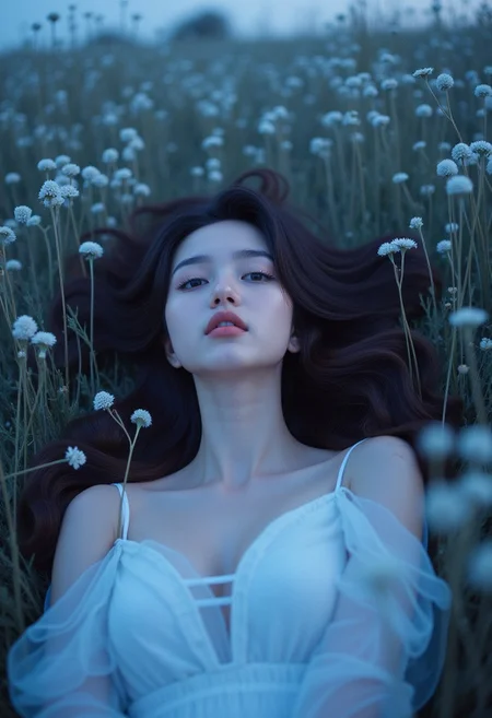 NSFW, (Soft Lighting Photography by Mimoza Veliu and Mario Giacomelli:1.2), A young woman lies in a field of wildflowers, creating a dreamy, surreal atmosphere. The overall color is a mixture of soft light blue and purple, creating a tranquil, ethereal atmosphere. , sexy