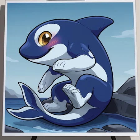 Orcane, orca, rivals of aether, water creature, yellow eyes, fin, watery, liquidize, bluish and white color body, cute look, yistyle, watercolor, painting, no blur, vector art, male, feral, solo, looking at viewer, sitting, cute pose, kind, close mouth. underwear, white briefs, wearing underwear, blushing