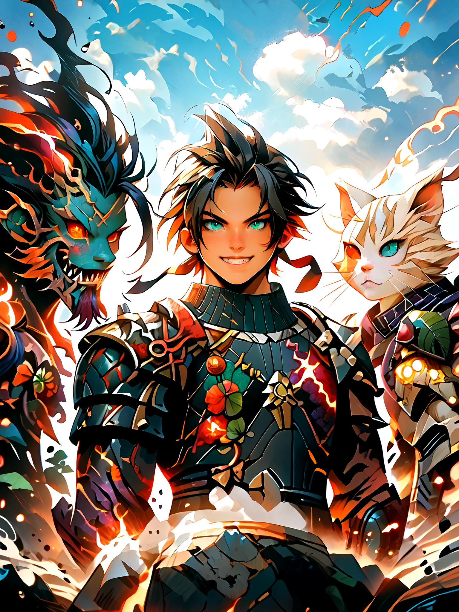 (zPDXL2), source_anime, rating_safe, good_hands, Terra, the Earth Elemental, spirit, natural colors, full body, rock body, mineral veins, earth magic, stone skin, golem, nature aura detailed background, outdoors, monster, fighting, battle, league of legends style, DonM34r7h3l3XL, dark aura, <lora:score9DoraForPony_v20:1>, <lora:SDXLFaeTastic2400:0.4>, <lora:pony_good_hands:1>, <lora:LeagueOfLegendsV4:0.2>, <lora:MJ52:1>, <lora:add-detail-xl:0.4>, <lora:DonM34r7h3l3XL-pony:1.5>, <lora:Dark_Aura_for_Pony:1>, <lora:EnvyPonyPrettyEyes01:1>,detailed_background,outdoors,grin,taking picture,monster hunter rise,facial hair,plate armor,cloud strife \(glavenus armor\),weapon,official alternate costume,scar,smile,cat,felyne,multiple boys,3boys,short hair,holding camera,facial scar,weapon on back,camera,closed eyes,sharp teeth,shoulder armor,scar on cheek,teeth,gloves,wxz,final fantasy vii,armor,male focus,monster hunter \(series\),stubble,cloud strife,facial mark,zack fair,aqua eyes,final fantasy vii ever crisis,holding,hair between eyes,final fantasy,black hair,black gloves,zack fair \(zinogre armor\),scar on face