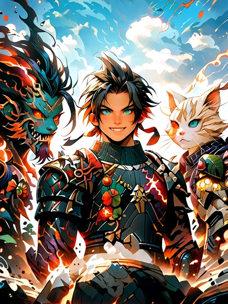 (zPDXL2), source_anime, rating_safe, good_hands, Terra, the Earth Elemental, spirit, natural colors, full body, rock body, mineral veins, earth magic, stone skin, golem, nature aura detailed background, outdoors, monster, fighting, battle, league of legends style, DonM34r7h3l3XL, dark aura, <lora:score9DoraForPony_v20:1>, <lora:SDXLFaeTastic2400:0.4>, <lora:pony_good_hands:1>, <lora:LeagueOfLegendsV4:0.2>, <lora:MJ52:1>, <lora:add-detail-xl:0.4>, <lora:DonM34r7h3l3XL-pony:1.5>, <lora:Dark_Aura_for_Pony:1>, <lora:EnvyPonyPrettyEyes01:1>,detailed_background,outdoors,grin,taking picture,monster hunter rise,facial hair,plate armor,cloud strife \(glavenus armor\),weapon,official alternate costume,scar,smile,cat,felyne,multiple boys,3boys,short hair,holding camera,facial scar,weapon on back,camera,closed eyes,sharp teeth,shoulder armor,scar on cheek,teeth,gloves,wxz,final fantasy vii,armor,male focus,monster hunter \(series\),stubble,cloud strife,facial mark,zack fair,aqua eyes,final fantasy vii ever crisis,holding,hair between eyes,final fantasy,black hair,black gloves,zack fair \(zinogre armor\),scar on face