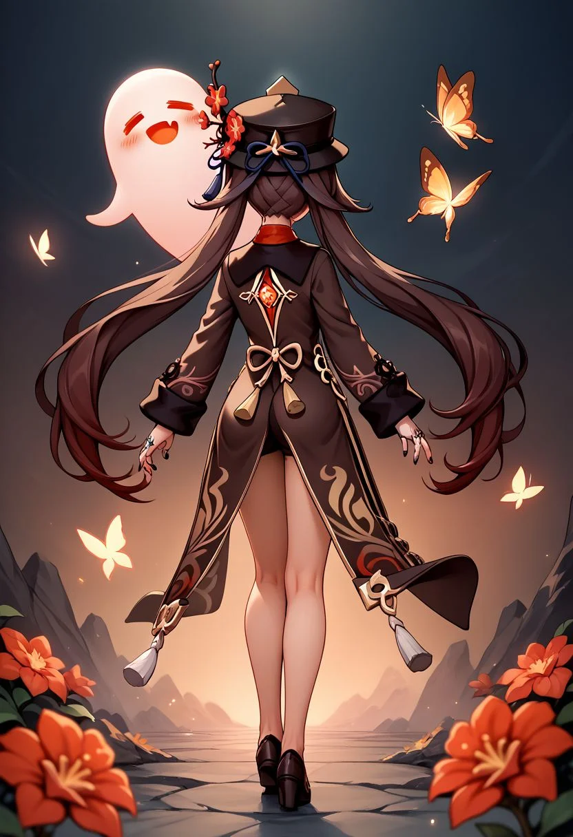 HuTao_DskFll, 1girl, solo, long hair, blush, brown hair, long sleeves, hat, twintails, jewelry, nail polish, bracelet, coat, black headwear, chinese clothes, ring, bug, red flower, butterfly, tassel, black nails, beads, ghost, hat flower, bead bracelet, plum blossoms, hu tao (genshin impact), boo tao (genshin impact)  BREAK PonyXLV6_Scores from behind, butt, full body,
