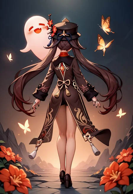 HuTao_DskFll, 1girl, solo, long hair, blush, brown hair, long sleeves, hat, twintails, jewelry, nail polish, bracelet, coat, black headwear, chinese clothes, ring, bug, red flower, butterfly, tassel, black nails, beads, ghost, hat flower, bead bracelet, plum blossoms, hu tao (genshin impact), boo tao (genshin impact)  BREAK PonyXLV6_Scores from behind, butt, full body,