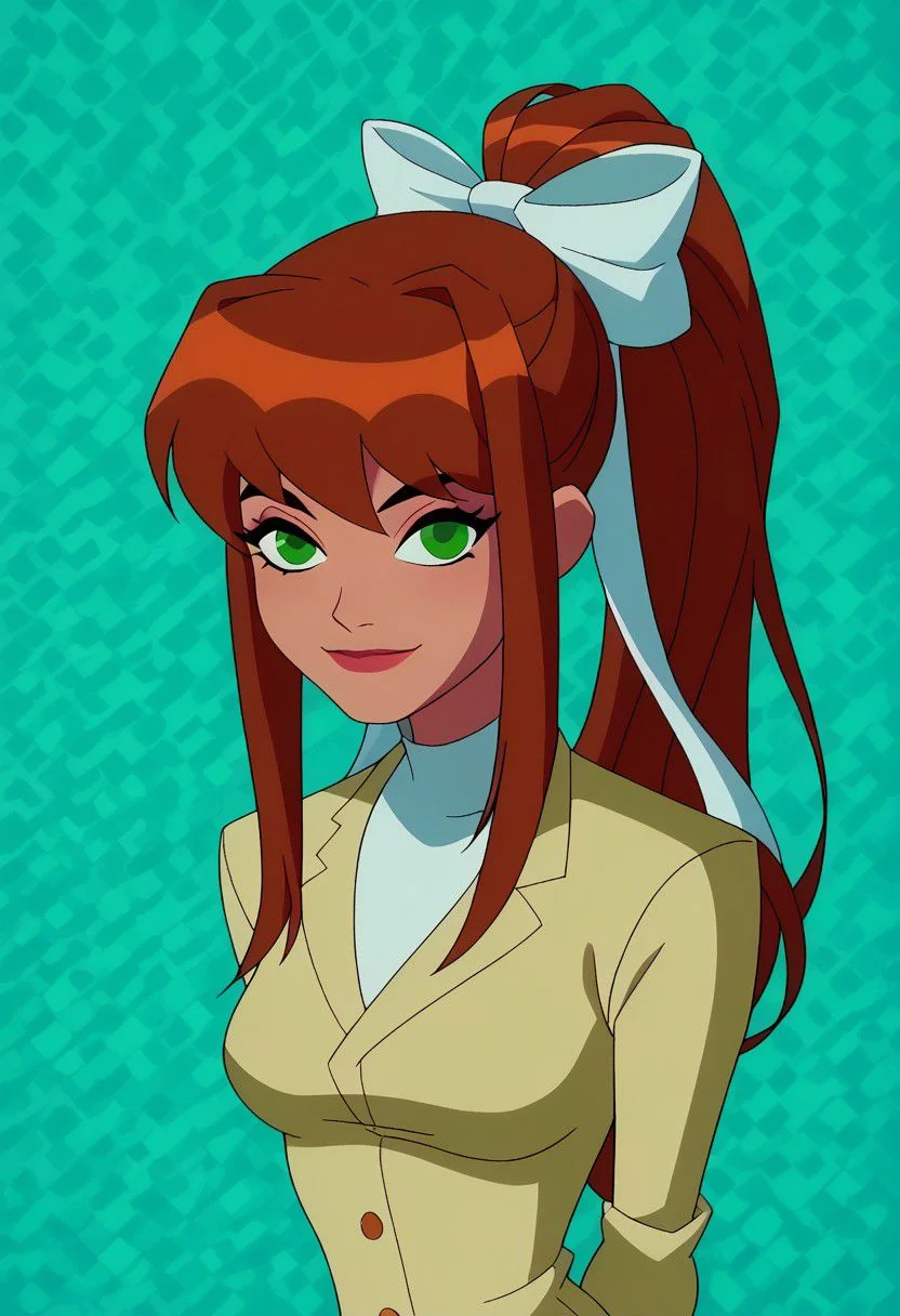 score_8, score_7, score_6, score_5,(masterpiece, best quality, amazing quality, abstract art background), ,cowboy shot, multi colored background, wyatt, , 1 girl, character focus, upper body visible, zoomed in medium shot, hands behind back, leaning forward, , smiling, monika, brown hair, green eyes, ponytail, very long hair, white bow