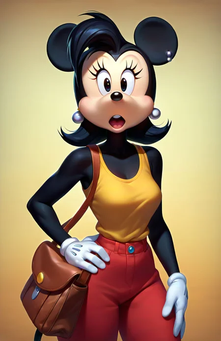 <lora:felicity_mouse_pny-8:0.8> amelia fieldmouse, 1girl, solo, yellow tanktop, red pants, open mouth, gloves, animal ears, earrings, white gloves, bag, hand on hip, bare shoulders, furry, anthro, anthro female, source_cartoon, source_furry,, score_9, score_8_up, score_7_up, score_6_up, score_5_up, score_4_up, (masterpiece, perfectly detailed, detailed face, detailed eyes, beautiful eyes), (ultra HD quality details), 8K, extremely detailed, highres