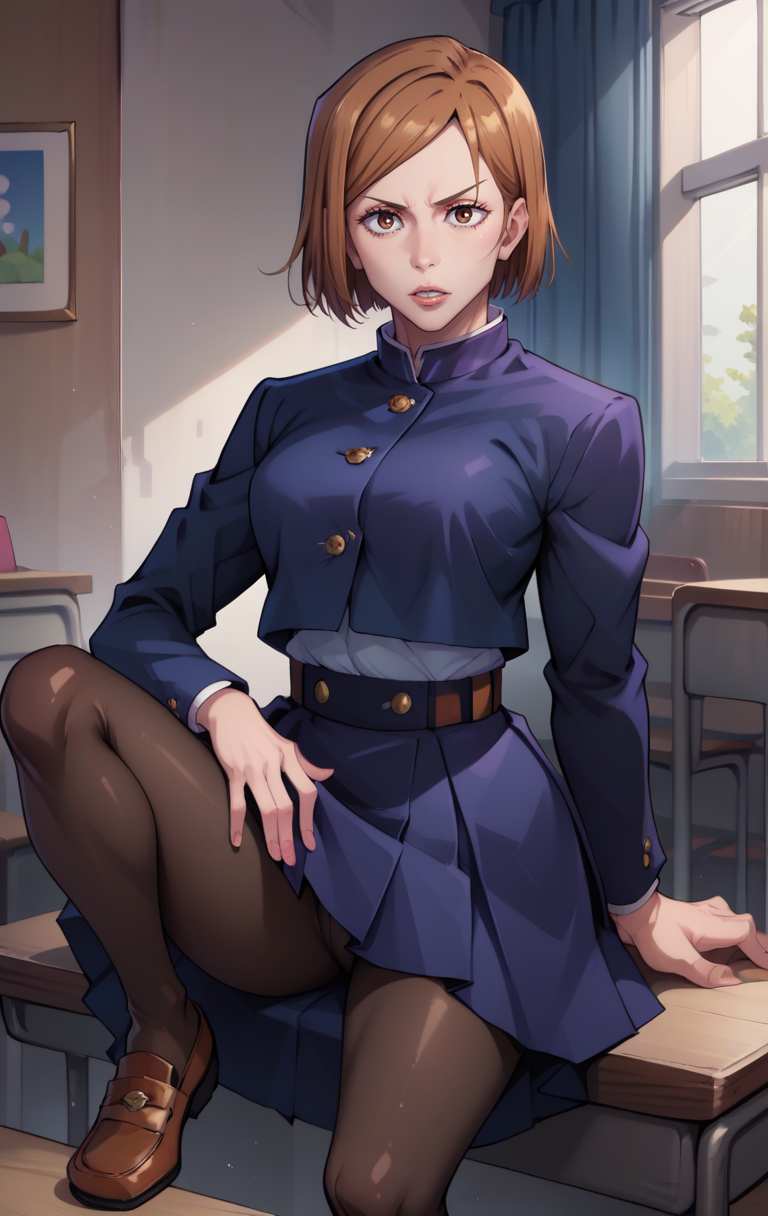 score_9, score_8_up, score_7_up, score_9,  BREAK <lora:KugisakinobaraSDXL:1> kugisaki nobaraXL, 1girl, solo, looking at viewer, short hair, bangs, skirt, brown hair, long sleeves, brown eyes, sitting, school uniform, jacket, pantyhose, parted lips, belt, shiny hair, blue skirt, black pantyhose, knee up, high-waist skirt, nail, kugisaki nobara