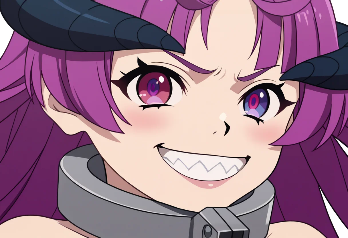 source_anime,anime screencap, anime coloring,intricate details,rating_explicit, masterpiece, best quality,
(best quality, absurd res, ultra detailed),,(4 finger:0.5),1girl, ((solo)), good eyes,perfect eyes,,detailed eyes, zPDXLxxx , zPDXL3, OverallDetail,detailed, detailed face, simple background,
BREAK
solo,front view, portrait, upper body , head only, close-up, neck and up,
kk, 1girl, flat chest, purple hair, long hair, antenna hair, parted bangs, heterochromia, horns, metal collar,
looking at viewer, grin, parody, sharp teeth
, <lora:add-detail-xl:2> <lora:kishirika:1>