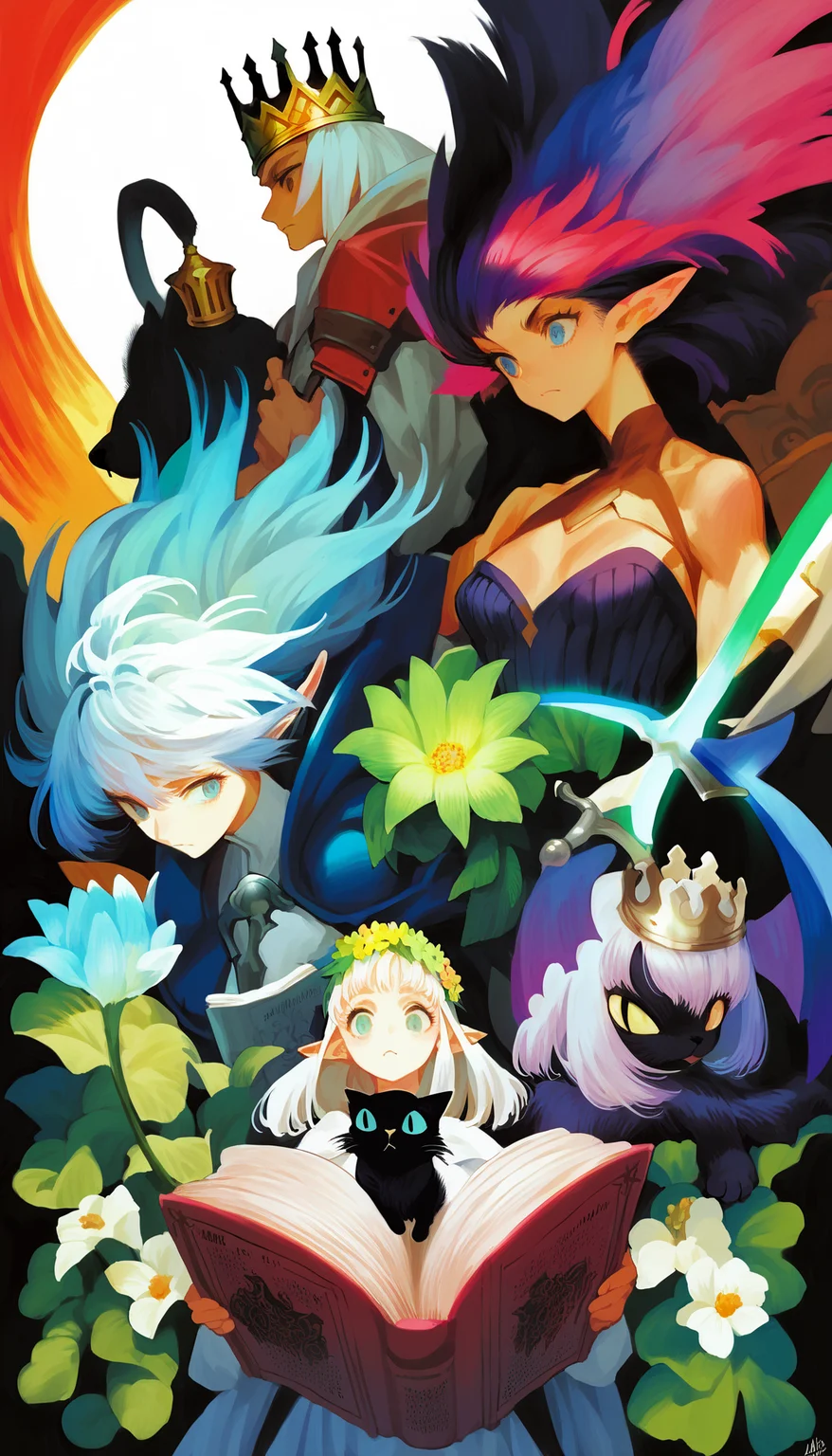score_9,score_8_up,score_7_up,
<lora:vanillawareStyle:1>,
illustration,fantasy art,anime style,central girl with twin-tails,holding open book,black cat beside,diverse characters in background,crowned elder,white-haired warrior with sword,elf girl with flower crown,mage outfit,vibrant colors,magical and adventurous atmosphere,