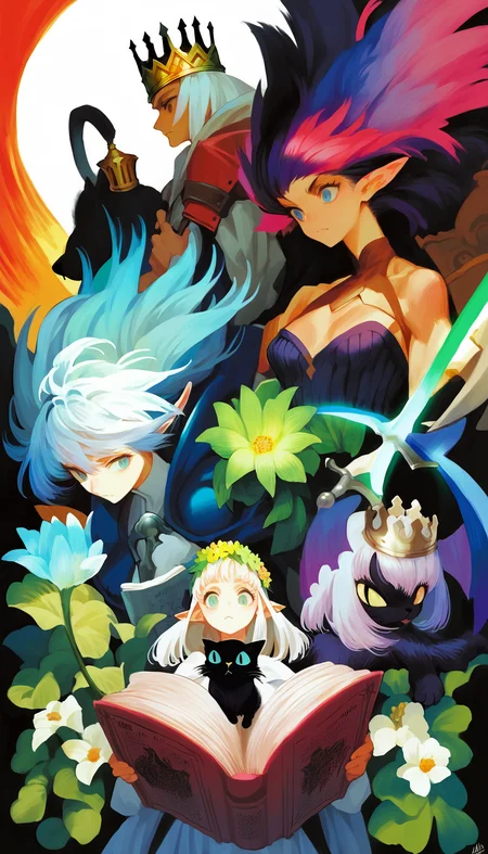 score_9,score_8_up,score_7_up,
<lora:vanillawareStyle:1>,
illustration,fantasy art,anime style,central girl with twin-tails,holding open book,black cat beside,diverse characters in background,crowned elder,white-haired warrior with sword,elf girl with flower crown,mage outfit,vibrant colors,magical and adventurous atmosphere,
