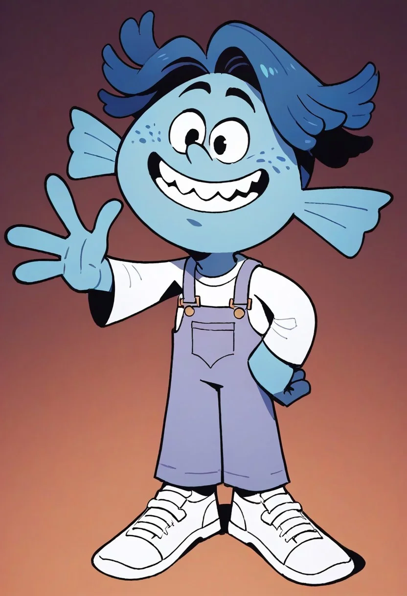 (score_9 | score_8_up | score_7_up) ((masterpiece:1))(best quality,very high quality,ultra detailed:1.2) (2D,cartoon style,anime style)(Smooth:2)(clean blurring) (four fingers on each hand,one thumb on each hand:1), Leon Loud, solo, 1boy, two strands of hair, teeth, white shirt, lavender overalls, white booties, light aquamarine skin color, dark-blue tentacle hair, freckles, large fins acting as ears