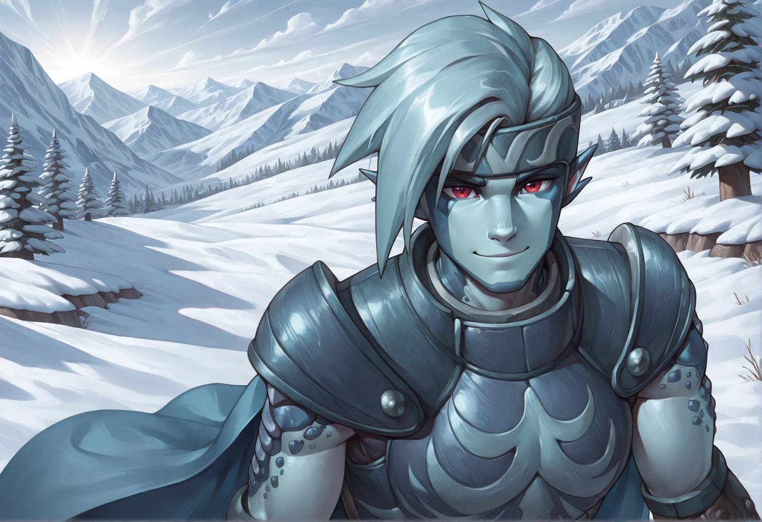 masterpiece, best quality, ultra-detailed, high resolution, absurdres BREAK SaturousGS, snowy village, outdoors, 1boy, solo, dragon boy, blue hair, red eyes, blue cape, light blue skin, facial markings, pointy ears, armor, smile, scales, upper body, close-up <lora:Saturous_Golden_Sun:1> <lora:NOOB_vp1_detailer_by_volnovik_v1:1>