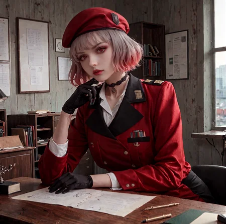 <lora:Gentiane_Girls_Frontline(PONY):1> gentiane, gradient hair, gray to pink hair, red eyes, black gloves, red military uniform, beret, choker with pendent, sitting at office desk, opulent desk,  polishes wooden walls, windows, diploma on wall, short hair, score_9, score_8_up, score_7_up,