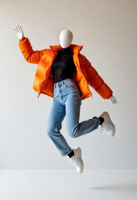 score_9, score_8_up, score_7_up, source_realistic, hyper-realistic details, extrem photorealism, no face, no mouth, no eyes, no nose, no ears, white bald female faceless mannequin wearing a bright orange puffer jacket, black turtleneck, light blue jeans, and white sneakers. The mannequin energetic jumping pose in a minimalist studio with soft, even lighting. The background is a light, neutral gradient, allowing the vibrant orange of the jacket to pop. The scene is photographed with a shallow depth of field, highlighting the outfit's texture and colors. No face on the mannequin, creating an abstract fashion look. High-resolution, fashion photography style, clean and crisp. faceless mannequin, Detailed hand, Hand, Perfect hand