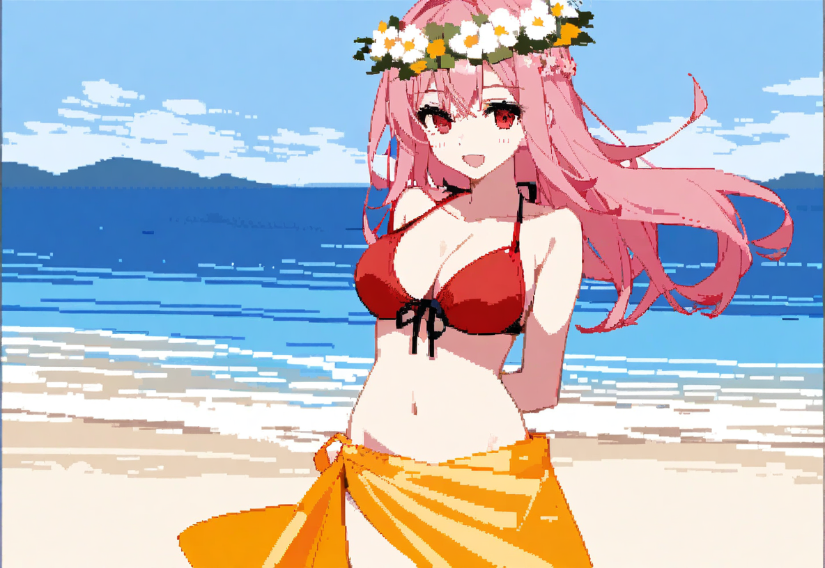 artist:ciloranko, character: Mizuki (ç¾æ), character: Mizuki (ç¾æ) clothes2, pixel art, 1girl, solo, beach, outdoors, day, ocean, blue sky, water,smile, open mouth, long hair, pink hair, large breasts, cleavage, yellow sarong, white head wreath, navel, collarbone, red bikini, front-tie bikini top, ^ ^, arm behind back
<lora:Mizuki (ç¾æ) v7.4 (å¤æè£æ­£ååå¾ç¿»è½¬)-000006:1>