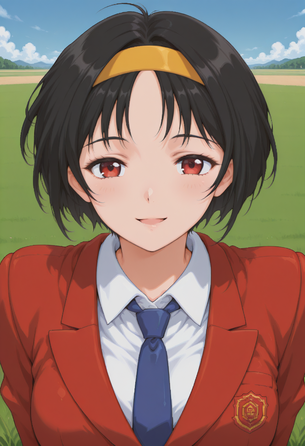 hayami_ryoko, red eyes, short hair, black hair, hairband, blue necktie, red blazer, school uniform, collared shirt, green skirt, <lora:fr_hayami_ryoko_illustrious_ver2:0.8> 
smile,, masterpiece, best quality, sensitive,, 1girl, solo, blue sky, (grasslands:1.2), looking at viewer,, (upper body:1.2), (close-up:1.2), (facing viewer:1.2), (open eyes:1.4), (portrait:1.2)