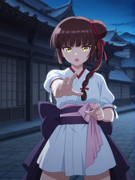 absurdres,highres,masterpiece,best quality,amazing quality,outdoors,
foreshortening,(anime screencap:1),
looking at viewer,dynamic pose,
night,east asian architecture,town,
open mouth,((cowboy shot,close-up)),
standing,fighting stance,one hand up,reaching towards viewer,
BREAK
<lora:vampire_princess_miyu_illuV01_b3g2plw09c08_d16a8_lr1600_rvs:1>,
Miyu_VPMTV,brown hair,long hair,red tress ribbon,single side bun,single braid,hair over shoulder,blunt bangs,yellow eyes,white short kimono,puffy sleeves,three-quarter sleeves,white sleeve cuff ribbon,pink waist ribbon,purple sash,purple back bow,