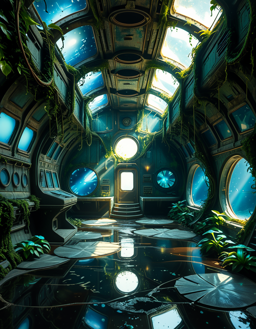 The interior of an ancient abandoned spaceship, overtaken by lush vegetation. The walls and ceiling are covered in thick, twisting vines and moss. Strange alien plants glow faintly in shades of blue and green, casting an eerie, mystical light across the metallic surfaces. Rusted control panels and shattered glass windows hint at a long-forgotten past. The floor is cracked and partially flooded with still, reflective water. Patches of bioluminescent fungi cling to the corners, adding a surreal atmosphere. The air feels heavy with moisture, and beams of soft, diffused light filter through holes in the hull, creating dramatic shafts of light and shadow. The overall style is hyper-realistic, rich in textures, with a cinematic and slightly melancholic mood.<lora:SDXLFaeTastic2400:0.4> <lora:extremely_detailed:0.4> extremely detailed,<lora:ancient_abandoned_sp4c3sh1p:1>,ancient abandoned sp4c3sh1p, Masterpiece,best quality,hi res,8k,hi res,8k,award winning,(sharp focus, intricate, highly detailed),