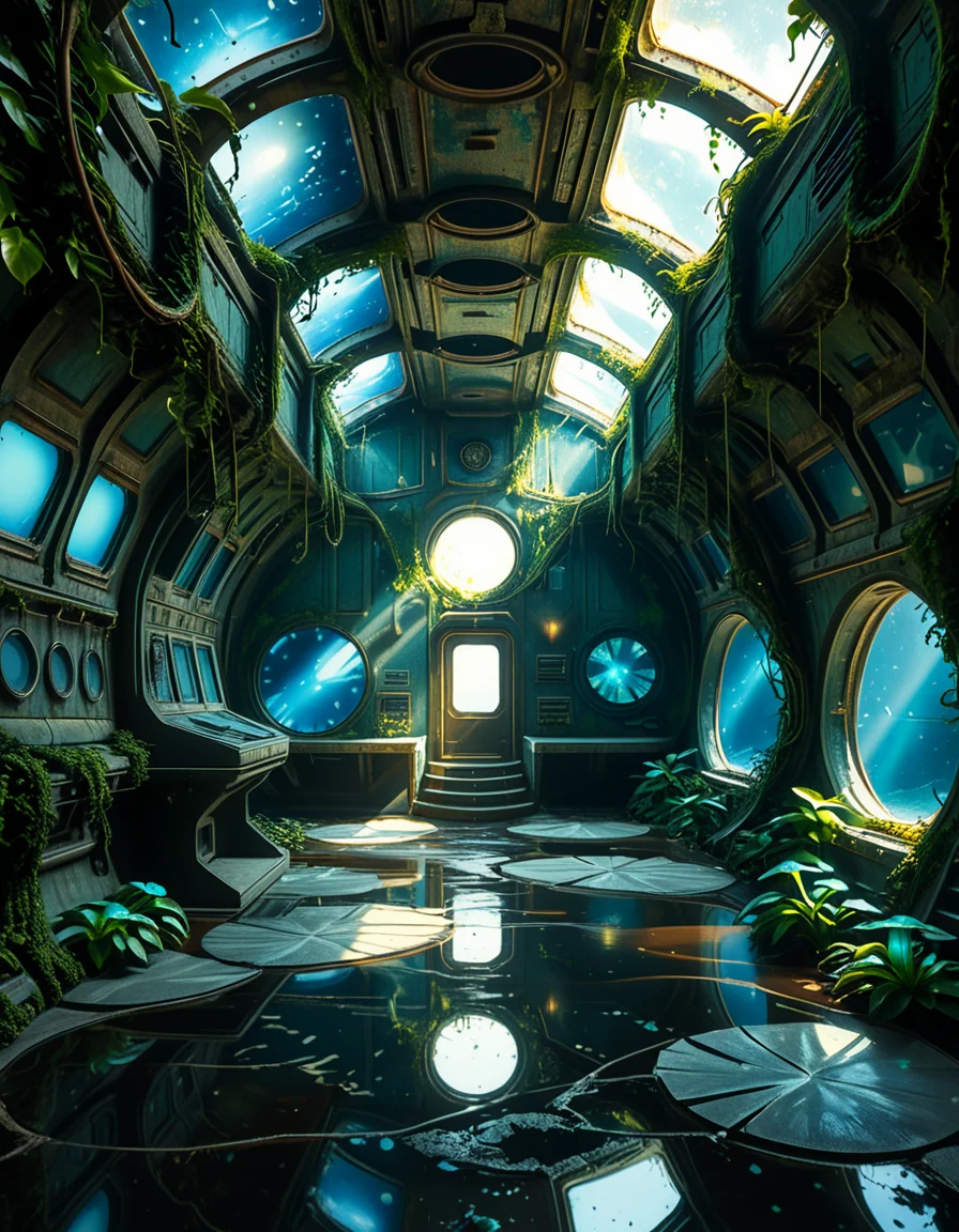 The interior of an ancient abandoned spaceship, overtaken by lush vegetation. The walls and ceiling are covered in thick, twisting vines and moss. Strange alien plants glow faintly in shades of blue and green, casting an eerie, mystical light across the metallic surfaces. Rusted control panels and shattered glass windows hint at a long-forgotten past. The floor is cracked and partially flooded with still, reflective water. Patches of bioluminescent fungi cling to the corners, adding a surreal atmosphere. The air feels heavy with moisture, and beams of soft, diffused light filter through holes in the hull, creating dramatic shafts of light and shadow. The overall style is hyper-realistic, rich in textures, with a cinematic and slightly melancholic mood.<lora:SDXLFaeTastic2400:0.4> <lora:extremely_detailed:0.4> extremely detailed,<lora:ancient_abandoned_sp4c3sh1p:1>,ancient abandoned sp4c3sh1p, Masterpiece,best quality,hi res,8k,hi res,8k,award winning,(sharp focus, intricate, highly detailed),