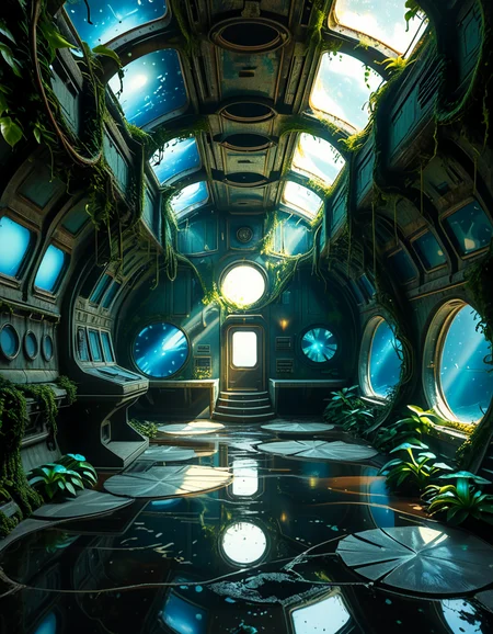 The interior of an ancient abandoned spaceship, overtaken by lush vegetation. The walls and ceiling are covered in thick, twisting vines and moss. Strange alien plants glow faintly in shades of blue and green, casting an eerie, mystical light across the metallic surfaces. Rusted control panels and shattered glass windows hint at a long-forgotten past. The floor is cracked and partially flooded with still, reflective water. Patches of bioluminescent fungi cling to the corners, adding a surreal atmosphere. The air feels heavy with moisture, and beams of soft, diffused light filter through holes in the hull, creating dramatic shafts of light and shadow. The overall style is hyper-realistic, rich in textures, with a cinematic and slightly melancholic mood.<lora:SDXLFaeTastic2400:0.4> <lora:extremely_detailed:0.4> extremely detailed,<lora:ancient_abandoned_sp4c3sh1p:1>,ancient abandoned sp4c3sh1p, Masterpiece,best quality,hi res,8k,hi res,8k,award winning,(sharp focus, intricate, highly detailed),