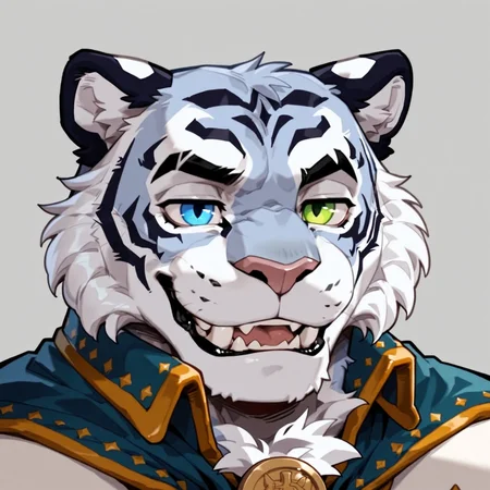 Score_9, score_8_up, score_7_up,result_9, result_8, result_7, result_6, masterpiece,solo.(Ultra best details), best quality, good binding quality,4k, ,1boy, 50lly2, (sharp focus, perfect_anatomy), , detailes face, detailed fur, amazing quality, very aesthetic,highres, absurdres, 2023, 2024, field of depth, TigerRock, white jacket whit stripes, blue capelet, heterochromia \(blue AND green\), animatronic, robot, face focus, raised_eyebrows, smirk, smug expression, bara, simple_background, medallion with the initials 'TR'